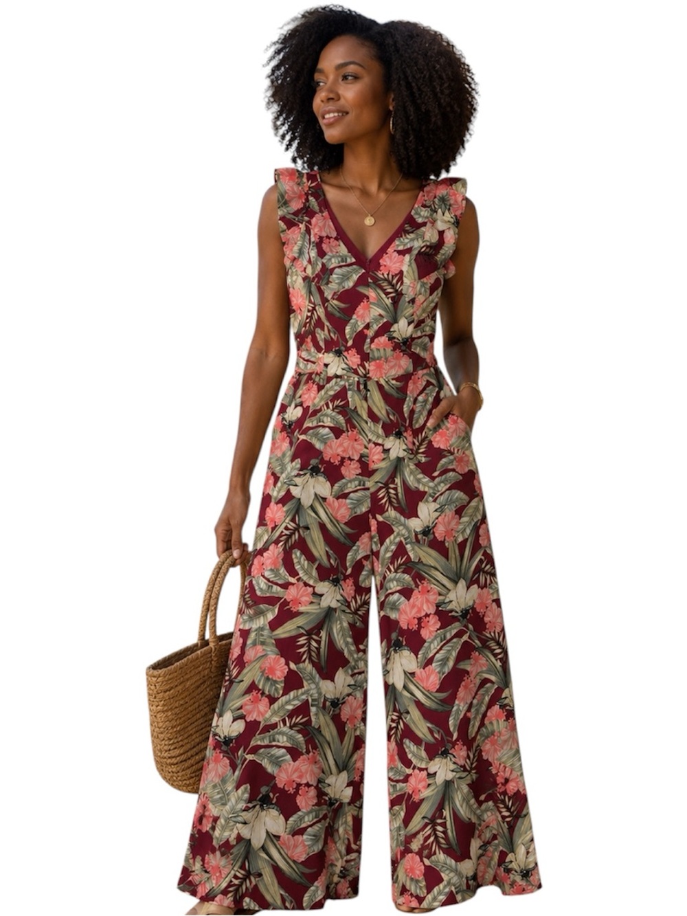 Ann Taylor Flower Floral Print Wide Leg Jumpsuit Sz 14P Tropical Coastal Momcore